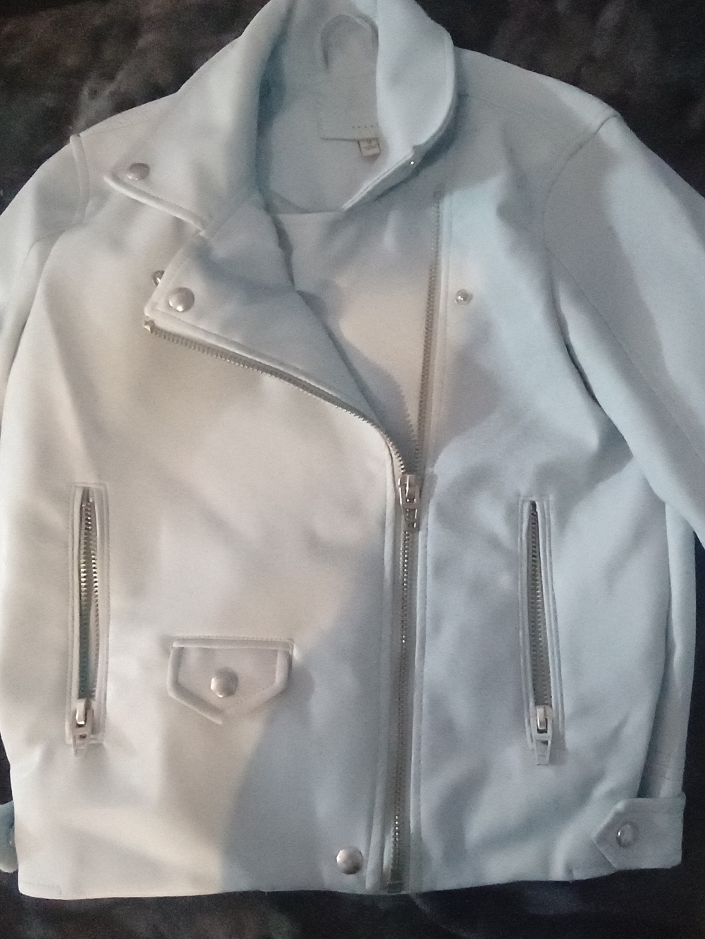 Blank NYC Pale Blue Leather Moto Jacket with Silver Hardware